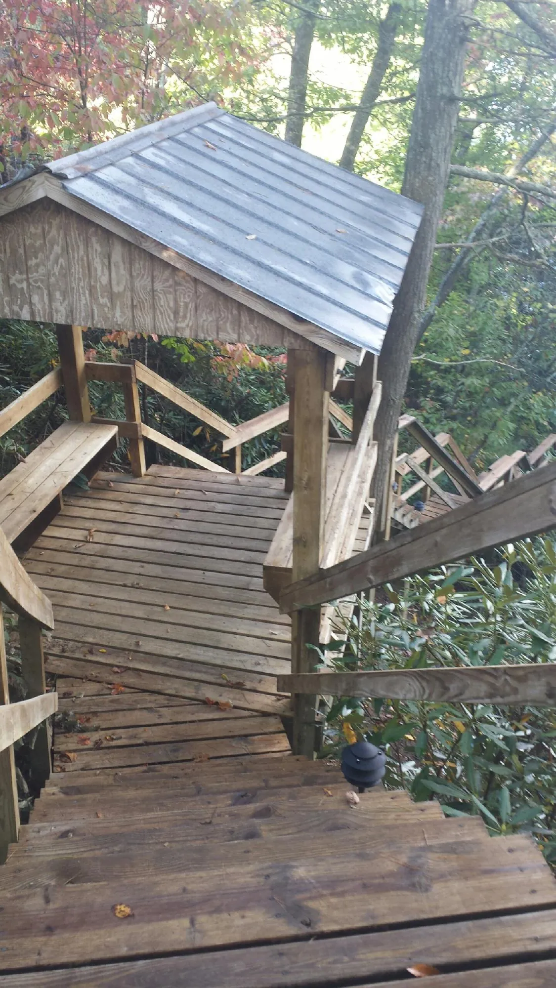 Metal roofed shelter over wooden steps on a wooded walkway — Skylight Repair & Installation work by our crew in Crestline
